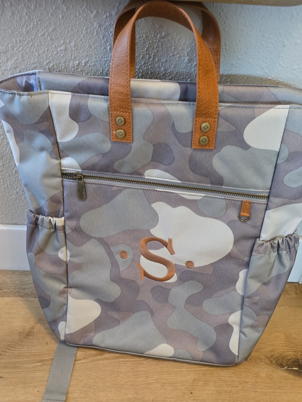 Monogrammed Camo Backpack with Leather Handles - Gray, Tan & Green